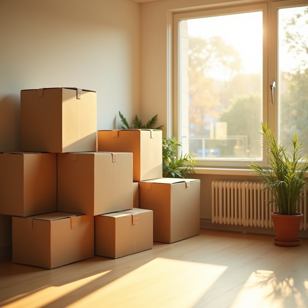 Neatly stacked moving boxes in a bright new apartment with warm afternoon light streaming through windows