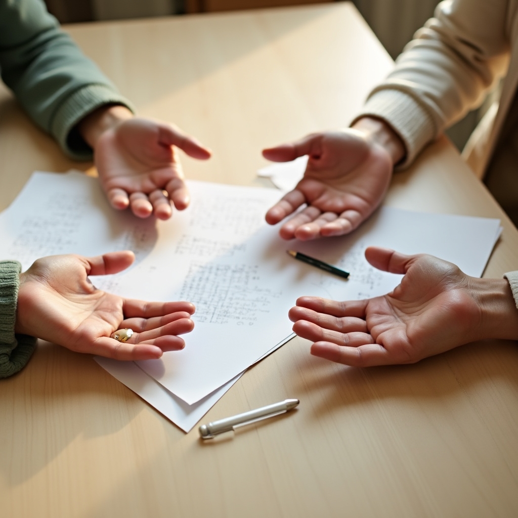 Two people with open hands on a table in a calm, collaborative discussion