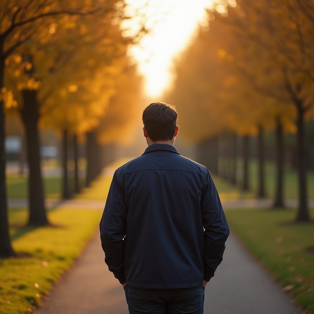 Person standing at a crossroads looking thoughtfully into the distance, warm golden light