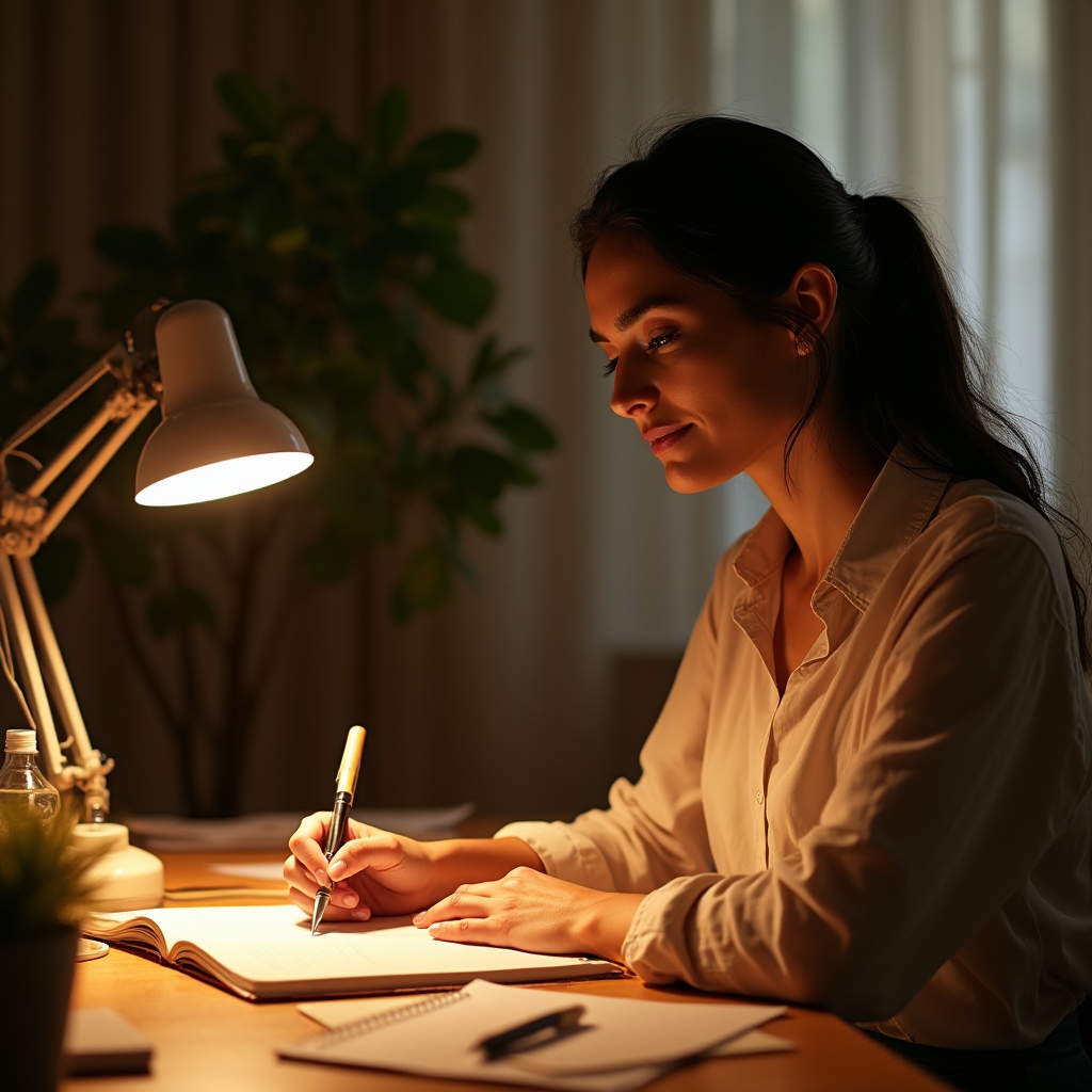 Person calmly journaling financial notes at a warm-lit desk