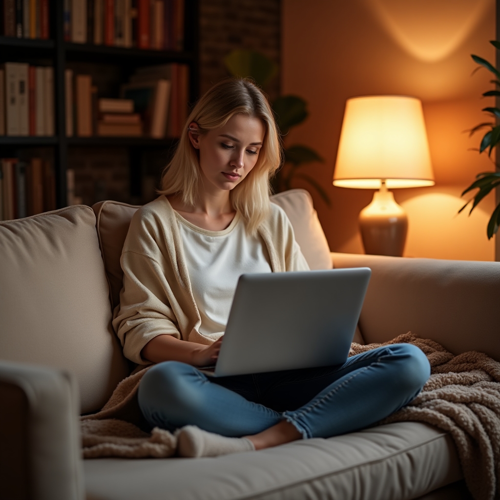 Person working on a laptop in a cozy, warmly lit corner with soft furnishings