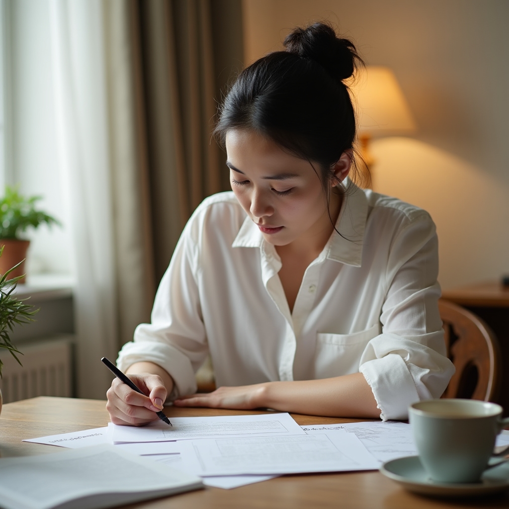 Person sitting alone at a table with organized paperwork, calm expression, soft indoor lighting