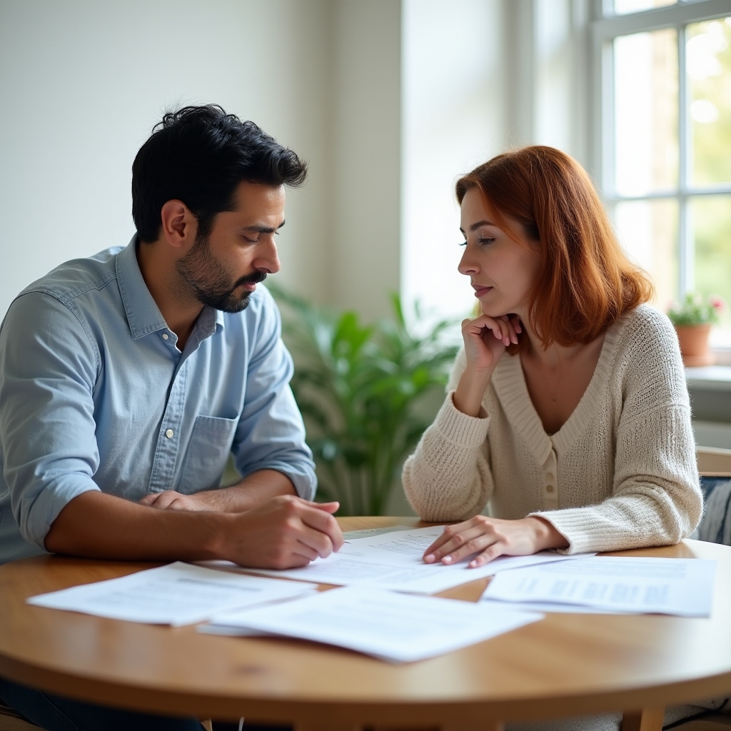 Two people calmly reviewing financial documents together at a table